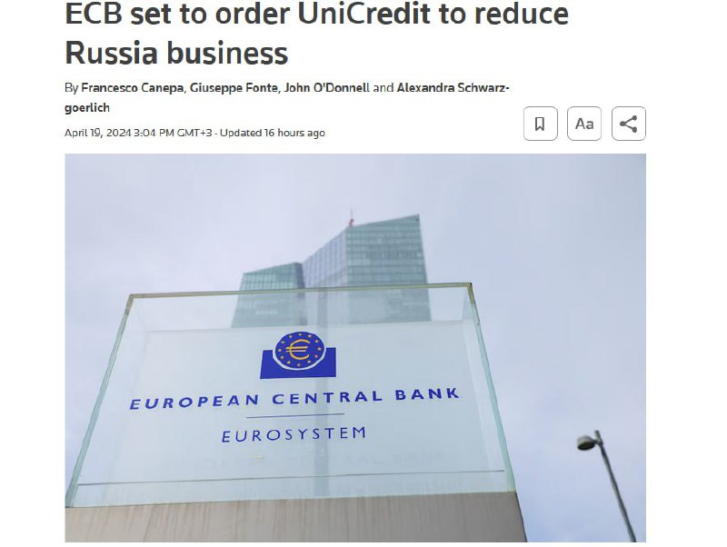 🇪🇺 EU vyvíjí tlak na italskou banku, která nechce opustit RuskoJak píše Reuters, řeč je...