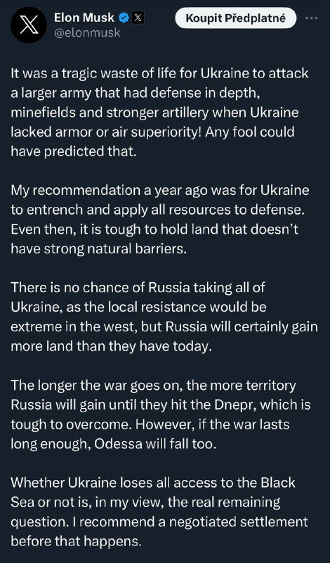 🇺🇦„Kyjev ztratí Oděsu a přístup k Černému moři, pokud se válka protáhne.“ Elon Mu...