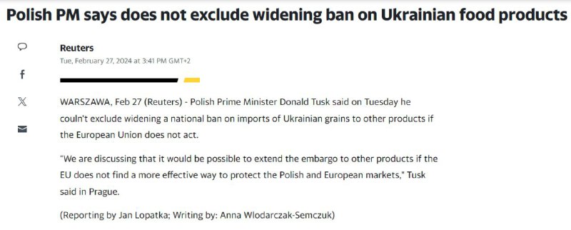 🇵🇱🇺🇦🇪🇺Polský premiér Donald Tusk: Polsko rozšíří zákaz dovozu ukrajinského...
