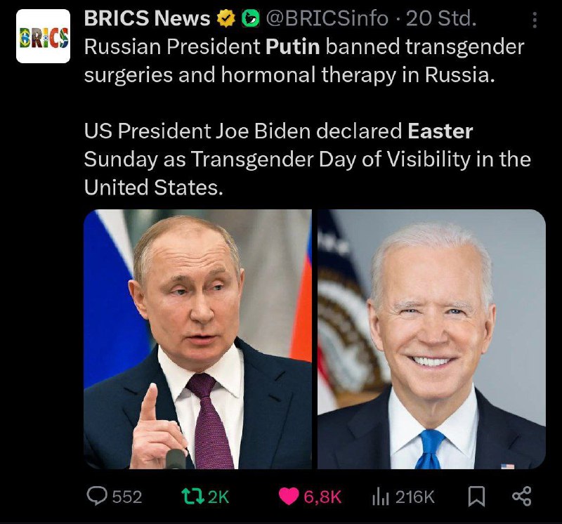 ▪️ Ruský prezident Putin zakázal v Rusku transgenderové operace a hormonální terapii.▪️...