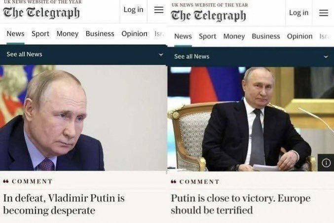 Titulky z britského vydání za období jednoho roku: 2023: "Prohrou Vladimir Putin upadá do ...